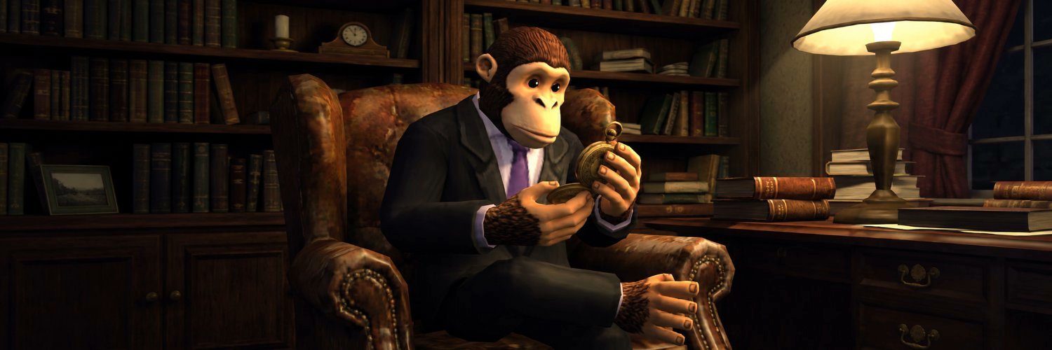 Rob, a distinguished ape in a black suit and lilac tie, seated in a leather armchair examining a gold pocket watch in a lamplit study